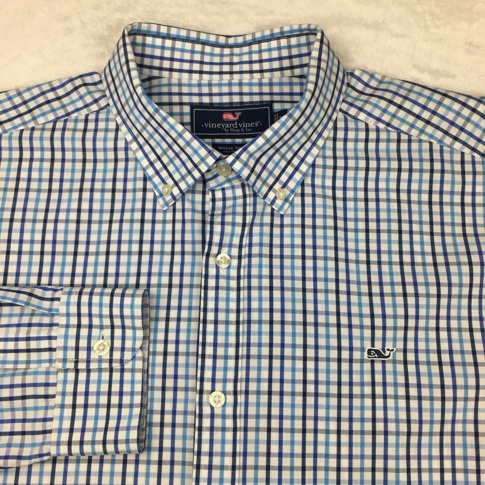 Vineyard Vines Whale Shirt Mens 2XL Blue White Checks 100% Cotton Long Sleeves
